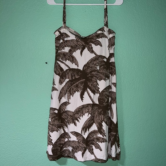 Palm Print Spaghetti Strap Swim Coverup Sundress - Brown & White - Picture 2 of 5